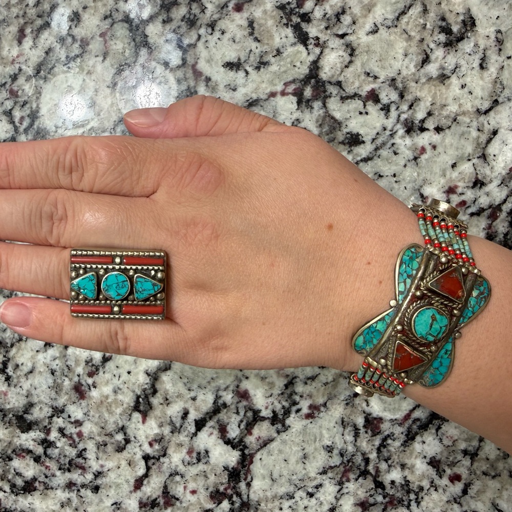 Vintage Turquoise and Tibetan Coral Bracelet and Ring Set